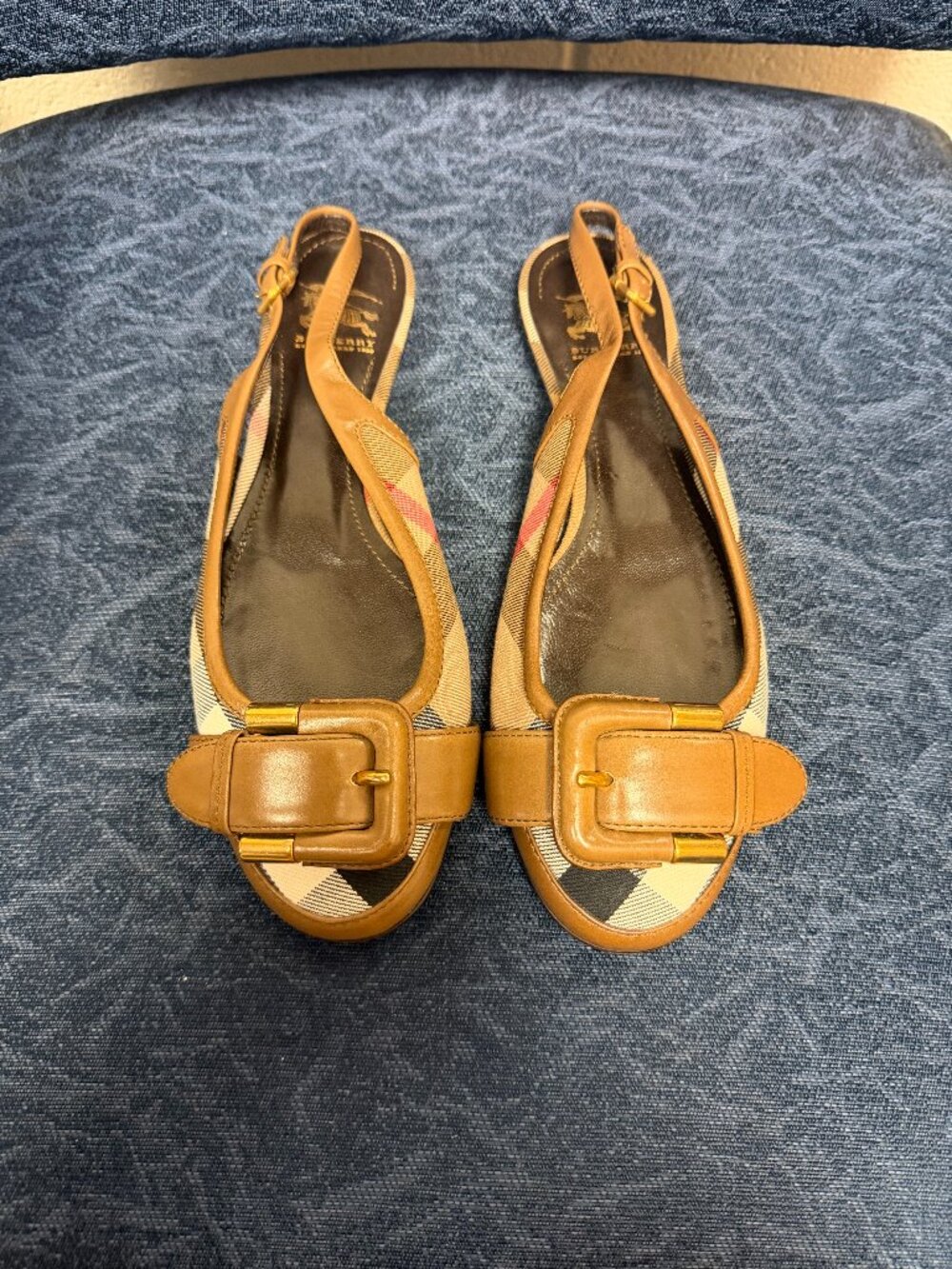 Authentic Burberry Nova Check Buckled Slingback Flats